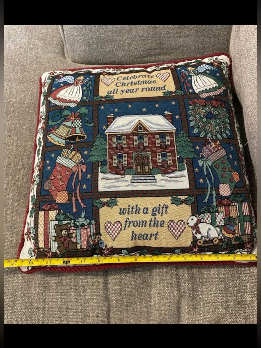 Vintage Tapestry Christmas Pillow - “Celebrate Christmas all year round…